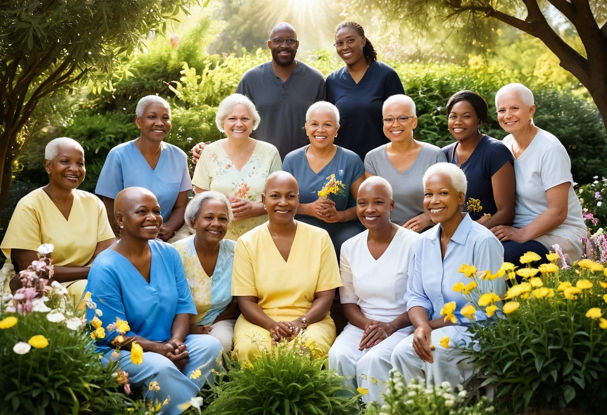 A serene scene depicting a diverse group of cancer survivors sharing their stories in a golden-hued garden, surrounded by blooming flowers symbolizing hope. Each individual is capturing their unique journey, with soft light illuminating their faces, conveying resilience and strength. In the background, gentle rays of sunlight break through dark clouds, symbolizing faith and encouragement. The atmosphere is warm and inviting, enhancing the emotional connection to their triumphs. soft focus. vibrant colors. painting.