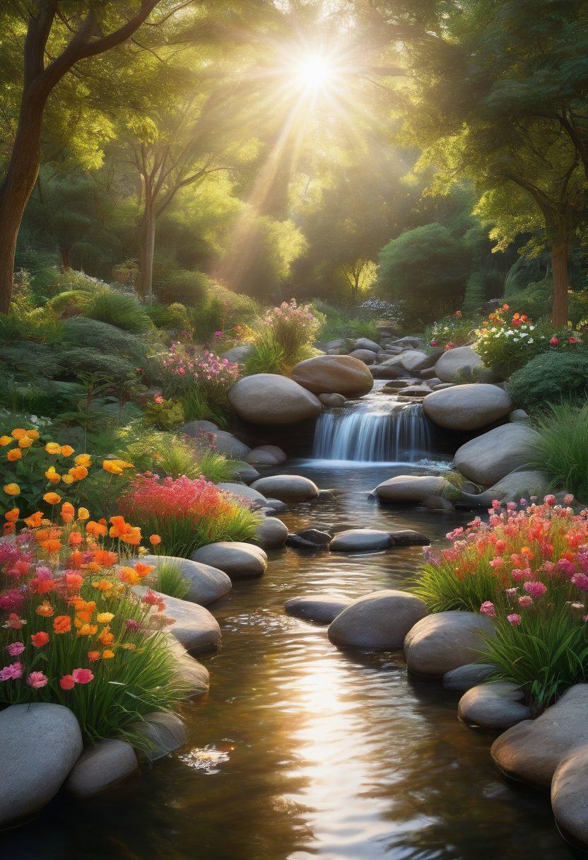 A serene gathering of diverse individuals in a tranquil garden, sharing moments of laughter, meditation, and support. Bright sunlight illuminates the scene, highlighting symbols of hope like blooming flowers and glowing candles. Include elements of spirituality such as a gentle waterfall and peaceful nature sounds. Vibrant colors that evoke warmth and healing. super-realistic. tranquil atmosphere.