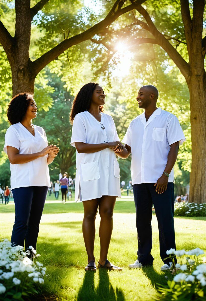 A serene and uplifting scene of a diverse group of people standing together in a lush, green park, with soft sunlight filtering through the trees. In the foreground, a patient holding hands with a supportive friend, both smiling. In the background, symbols of faith like a gentle dove and a bright cross blend harmoniously with blooming flowers, depicting hope and community support. super-realistic. vibrant colors. natural light.